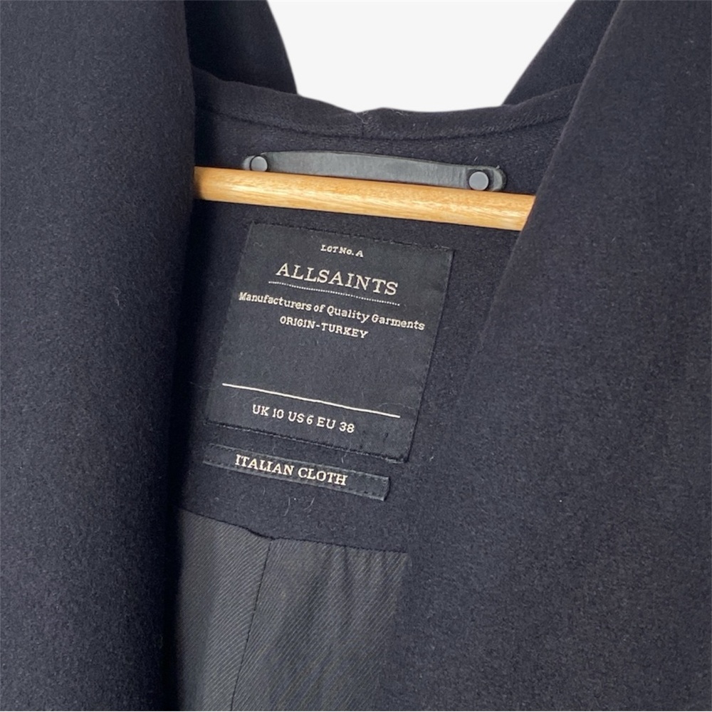 ALLSAINTS Klein Duffle Toggle Wool Italian Cloth Coat - Ink Blue - Size 6 - Picture 3 of 4